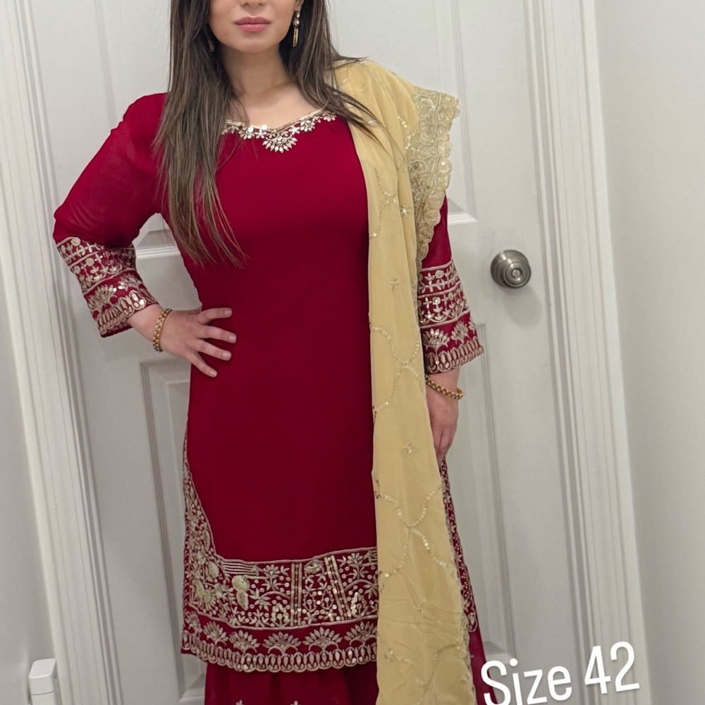 Elegant Red and Gold Sharara Set Size 42